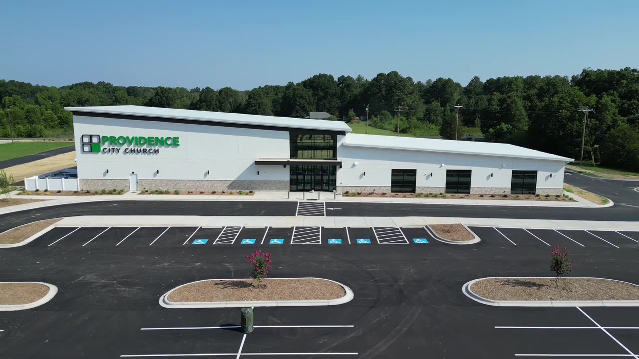 Aerial still of the new Providence City Church building